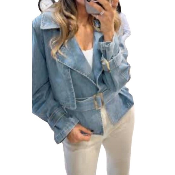 Habitual Jean Jacket XL Belted Button Up Tortoise Shell Detail Pockets Denim NWT - Picture 4 of 16